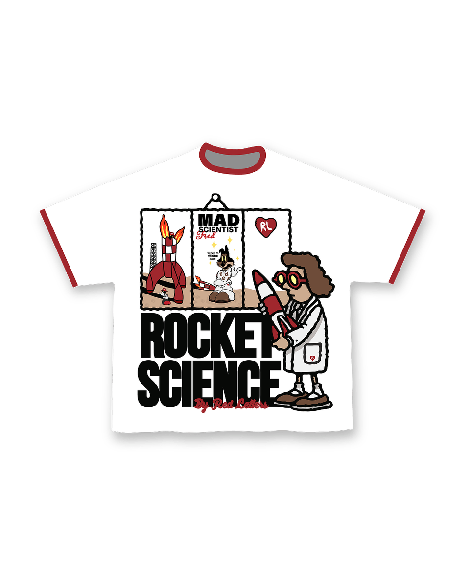 red letters “mad rocket scientist” tee