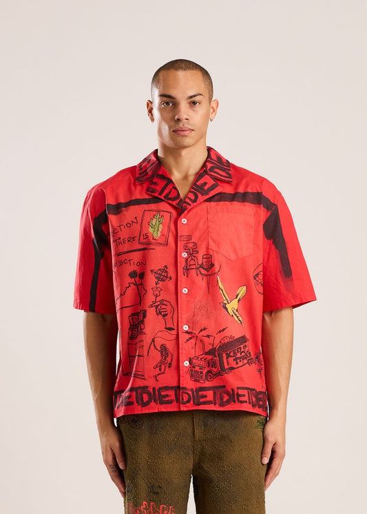 Doodle Button Up Shirt-Red
