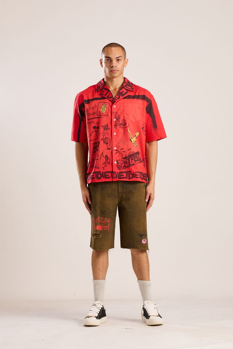 doodle button up shirt-red