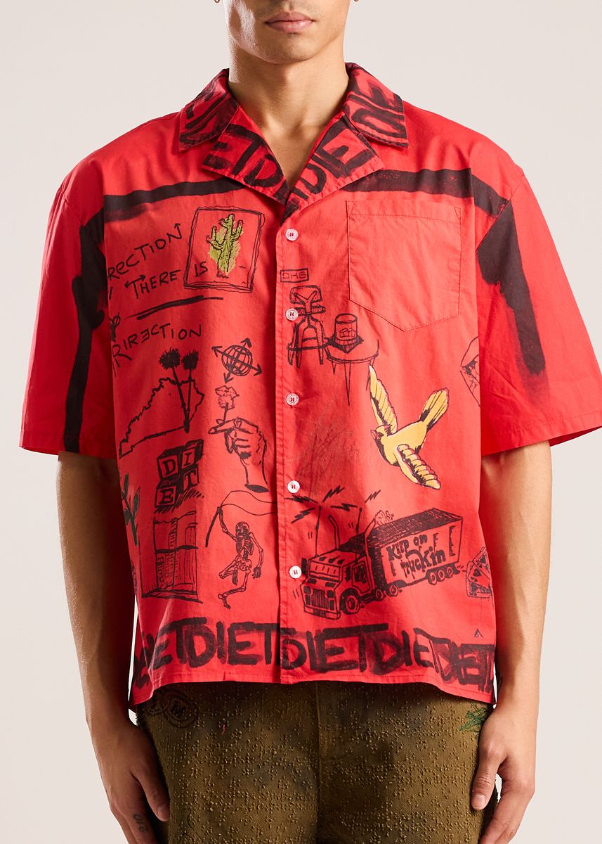 doodle button up shirt-red