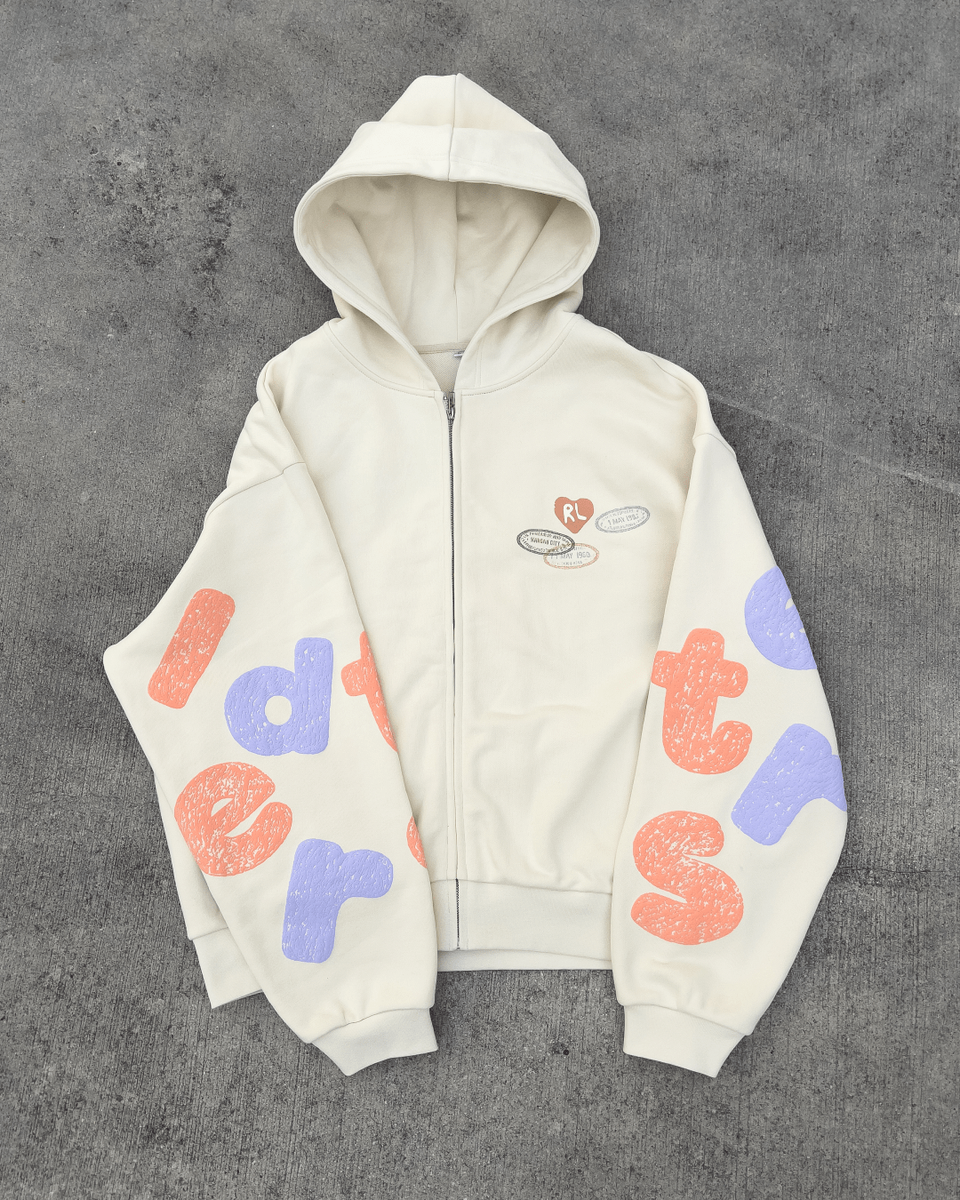 red letter scattered zip up