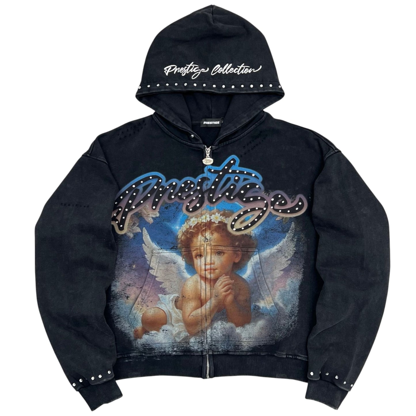 black prestige angel hoodie blue