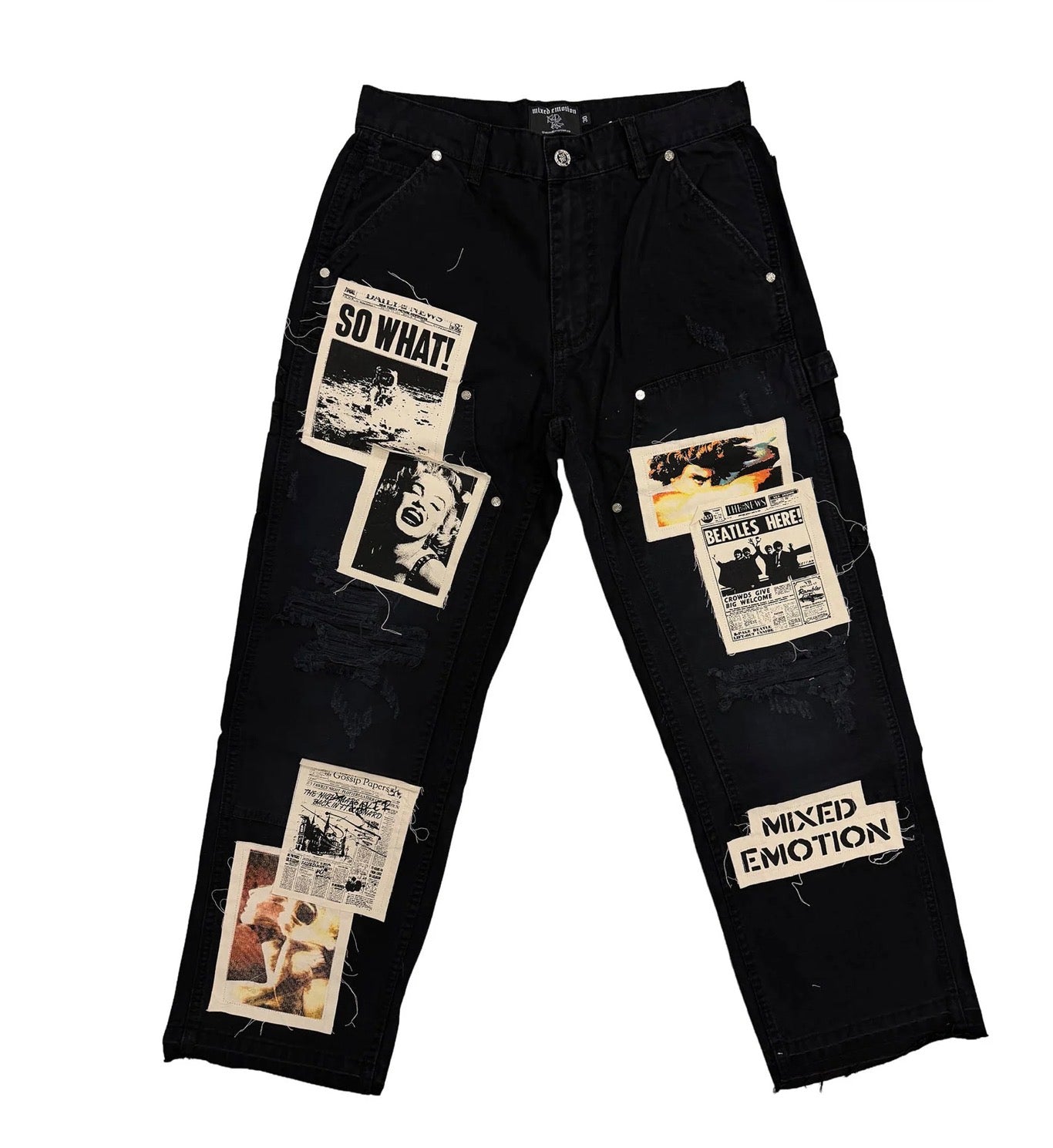 mixed emotion 'newspaper' carpenter pants