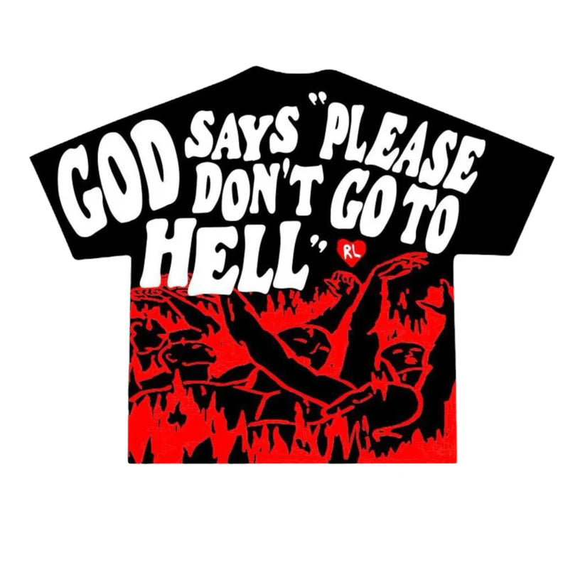 red letters “please don’t go to hell” tee
